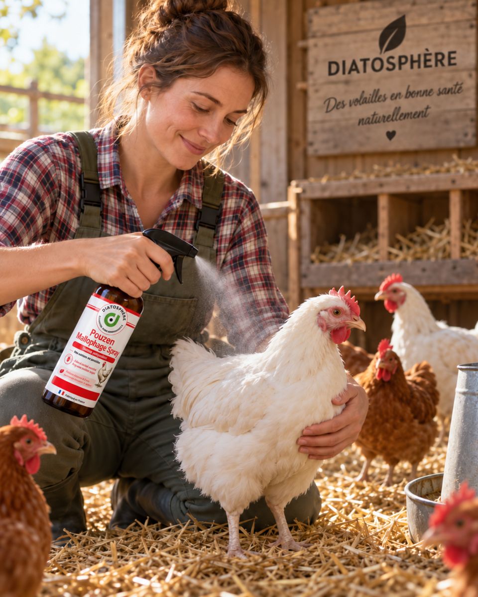 Spray antipoux Pouzen Mallophage Diatosphère utilisé sous les plumes d’une poule