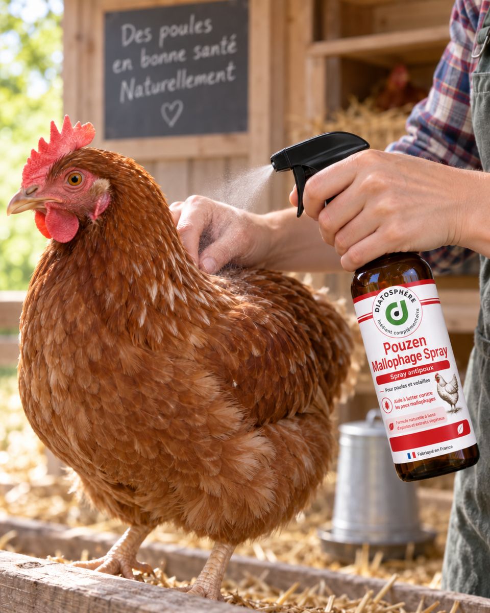 Application de Pouzen Mallophage Spray sur une poule rousse au poulailler