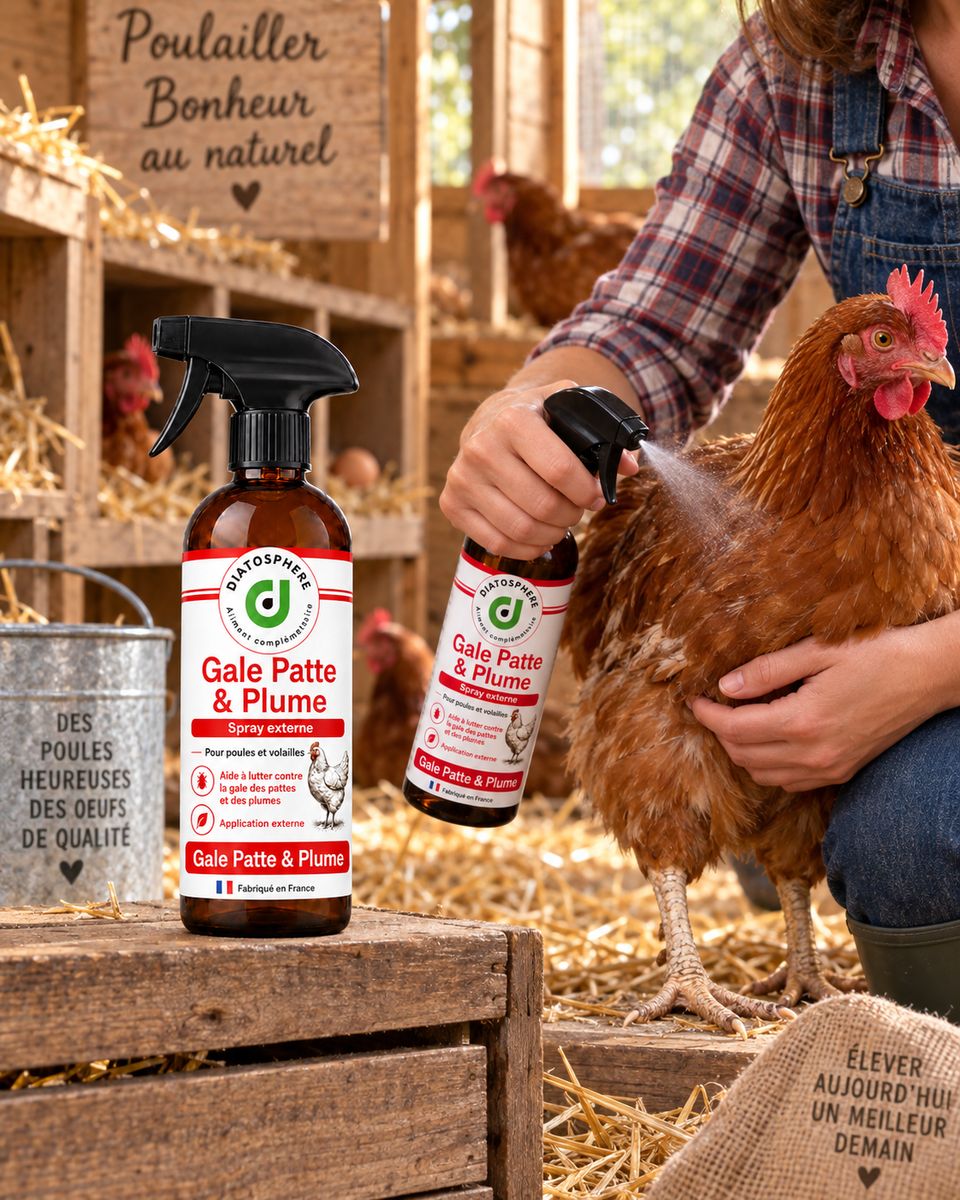 Spray Gale Patte et Plume Diatosphère pour poules et volailles au poulailler