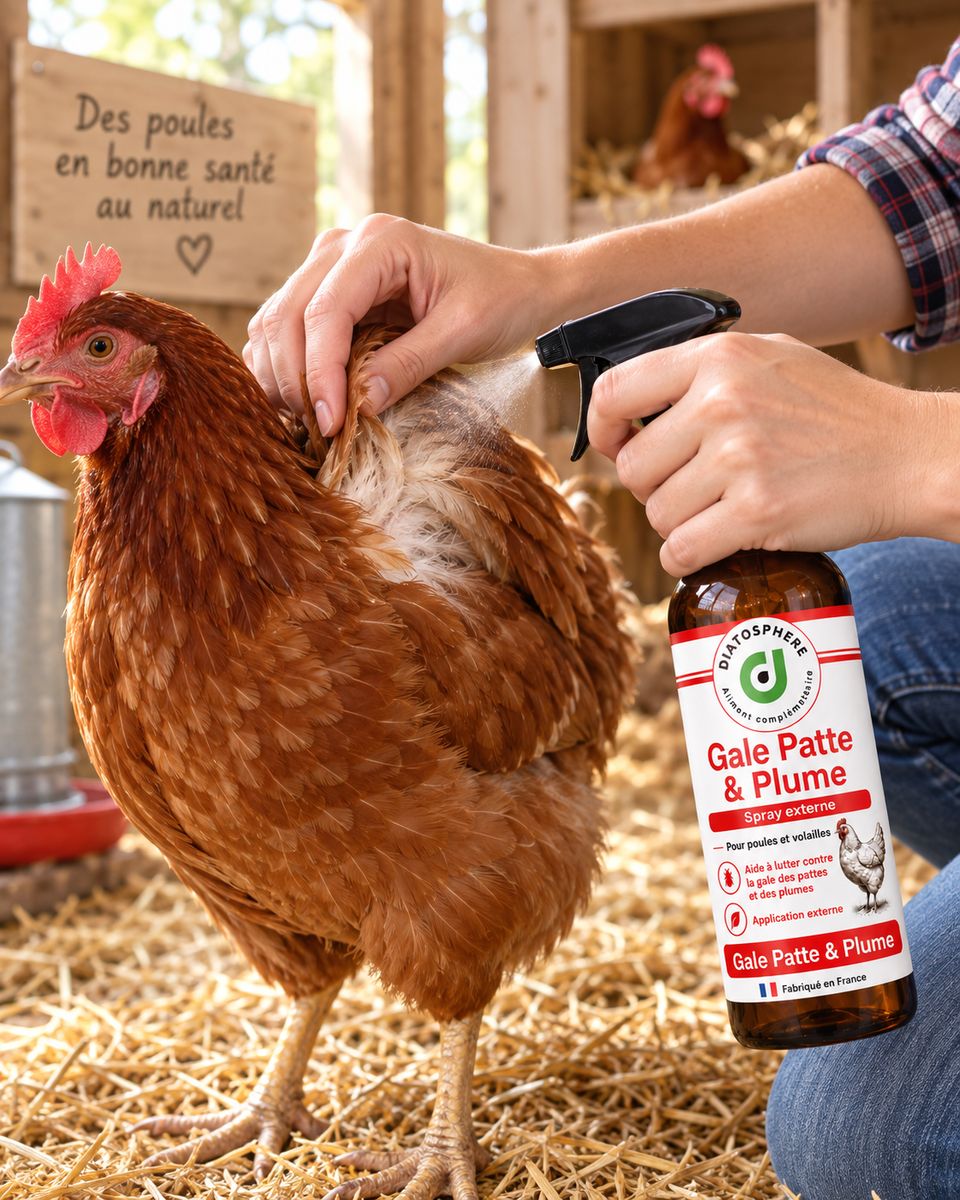 Gale Patte et Plume Diatosphère application sur les plumes d’une poule