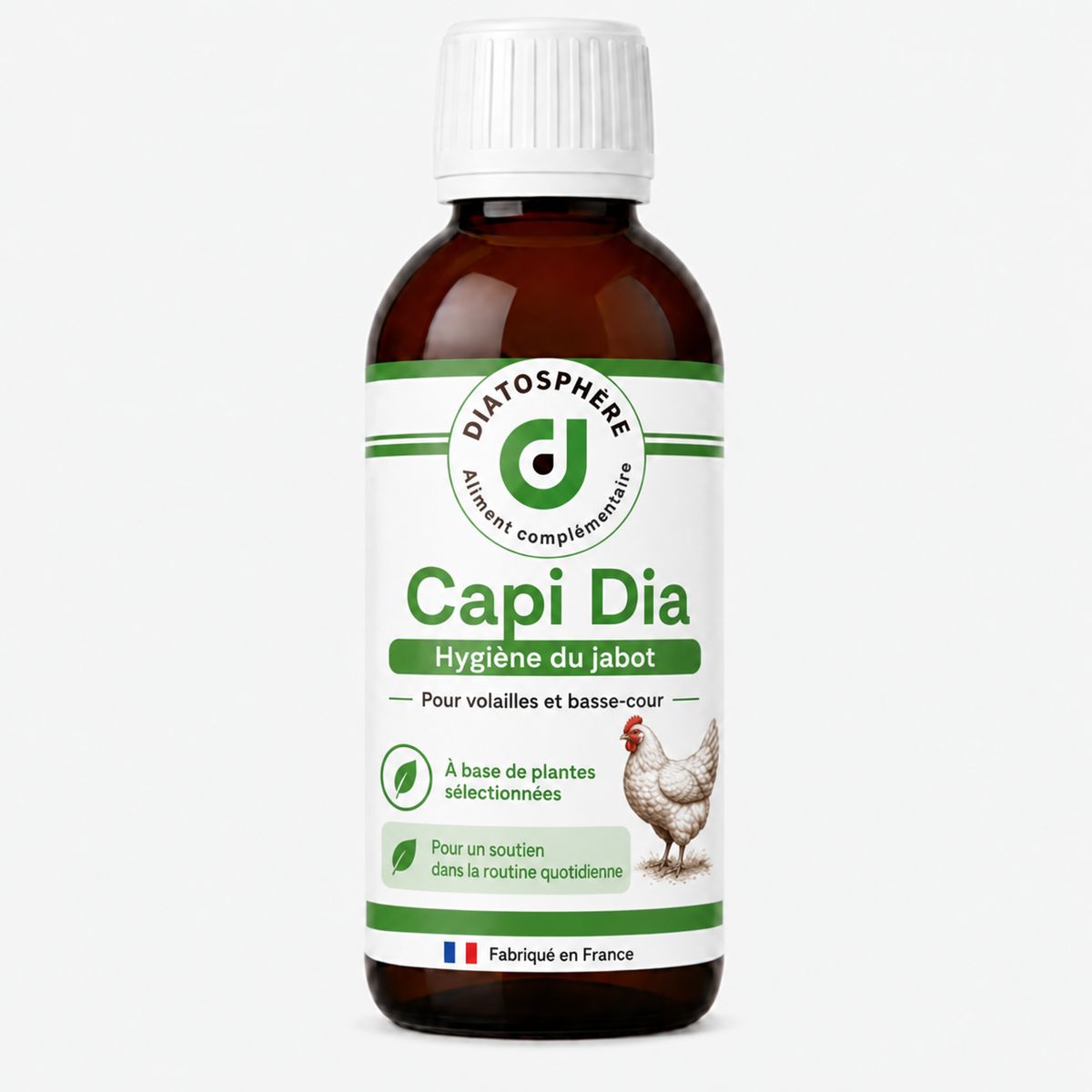 Flacon Capi Dia Diatosphère pour l’hygiène du jabot des volailles en cas de capillariose et syngamose
