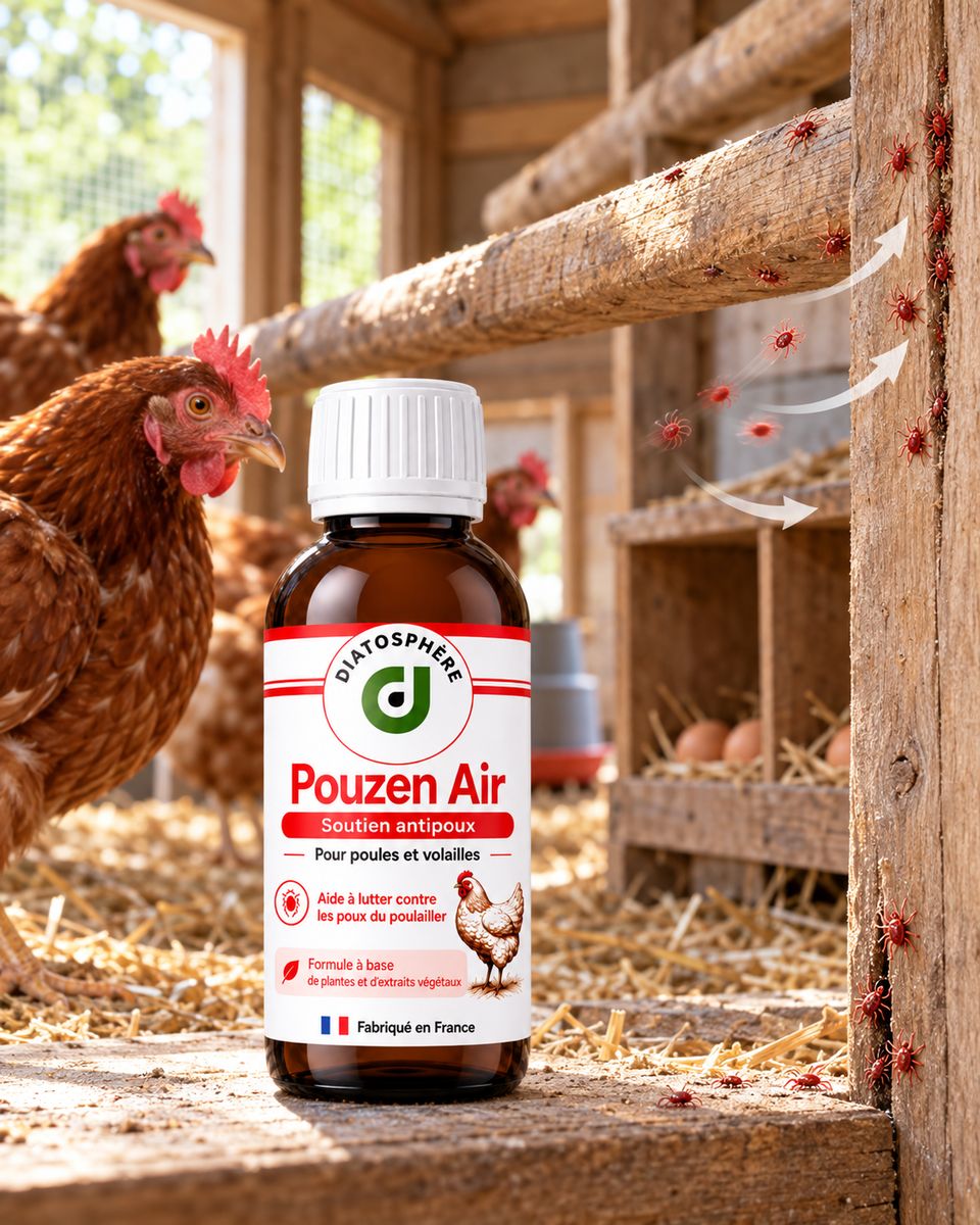 Pouzen Air Diatosphère contre les poux rouges du poulailler avec poules et perchoirs en bois