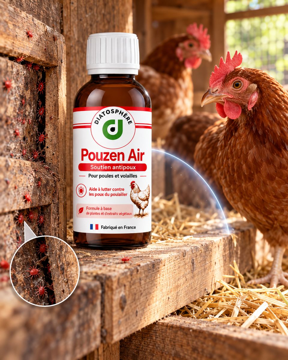 Pouzen Air pour poulailler avec présence de poux rouges dans les fissures et zones de repos des poules