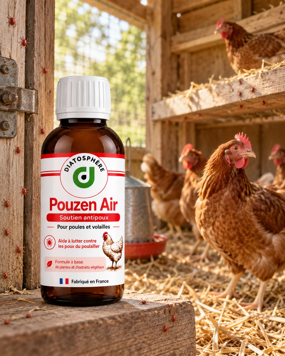 Pouzen Air Diatosphère dans un poulailler infesté de poux rouges avec poules pondeuses