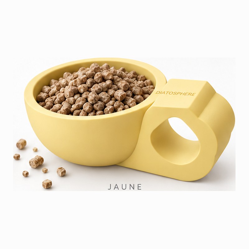 Cuillère doseuse Diatosphère jaune remplie de granulés