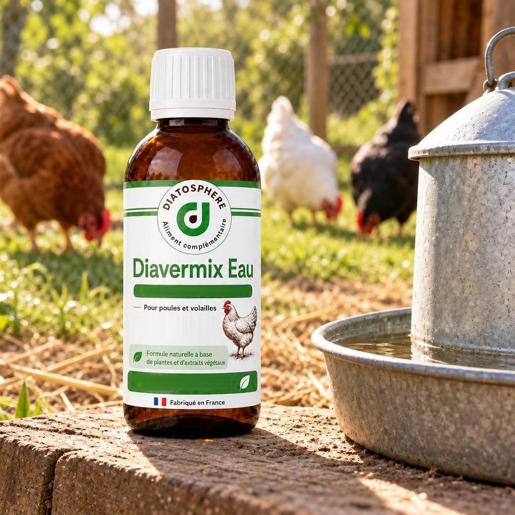 Diavermix Eau, flacon posé près de l’abreuvoir des poules