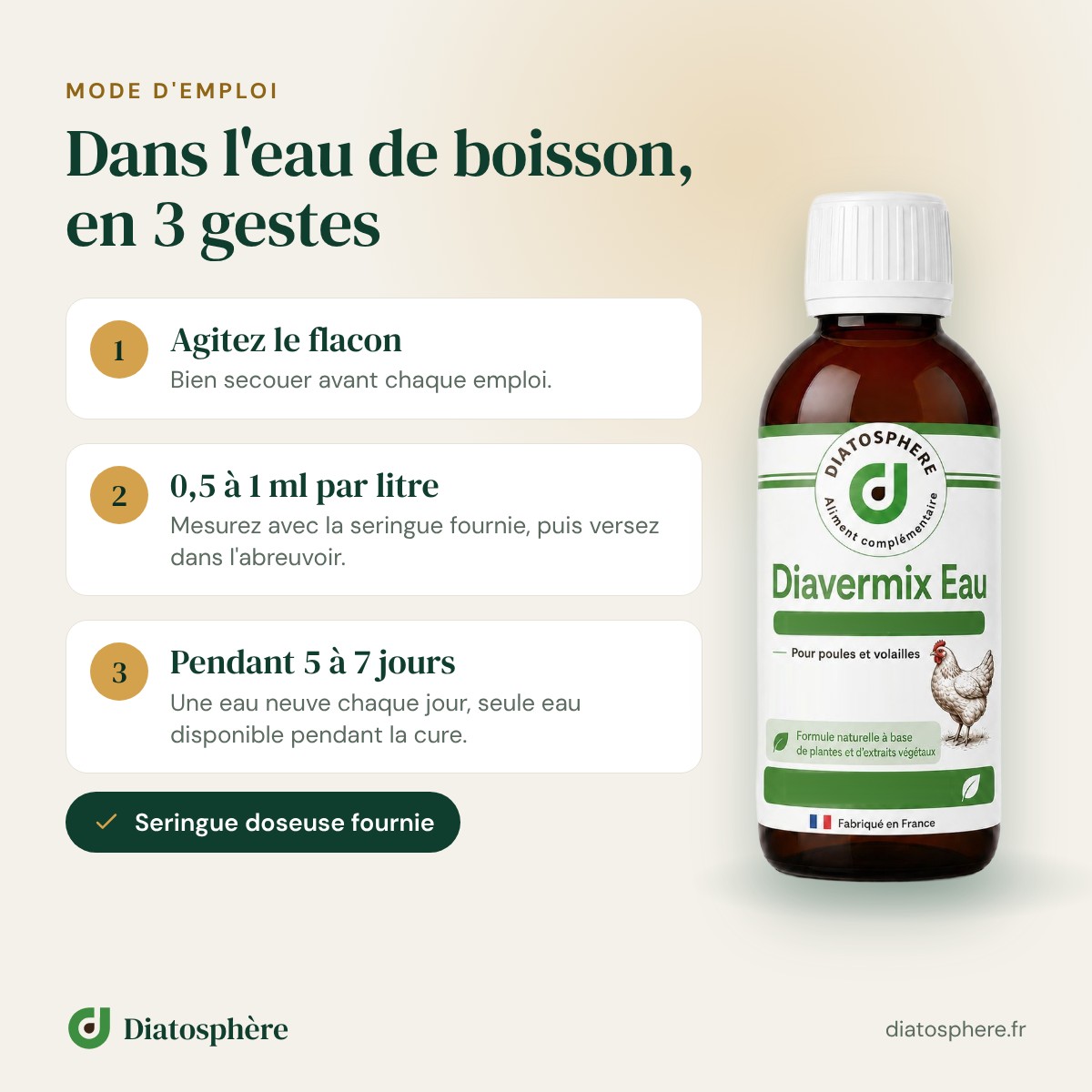 Diavermix Eau mode d’emploi : 0,5 à 1 ml par litre d’eau, mesurés avec la seringue doseuse fournie