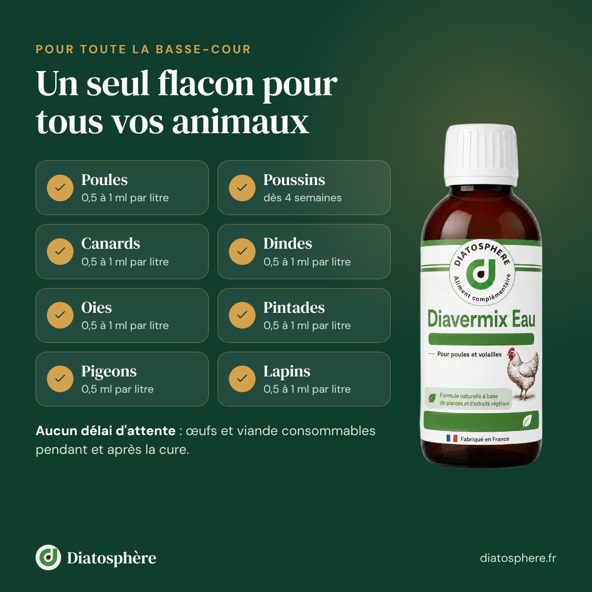 Diavermix Eau pour poules, poussins, canards, dindes, oies, pintades, pigeons et lapins