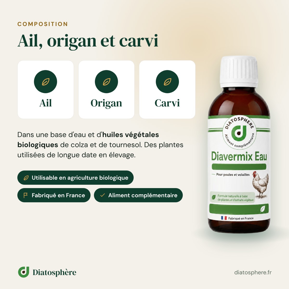 Composition Diavermix Eau : ail, origan et carvi, huiles végétales biologiques
