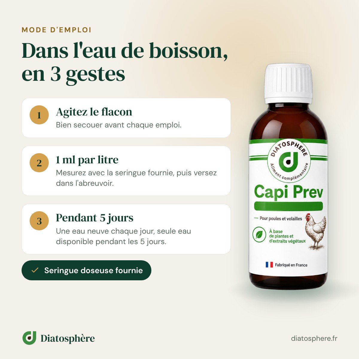 Capi Prev mode d’emploi : 1 ml par litre d’eau, mesuré avec la seringue doseuse fournie