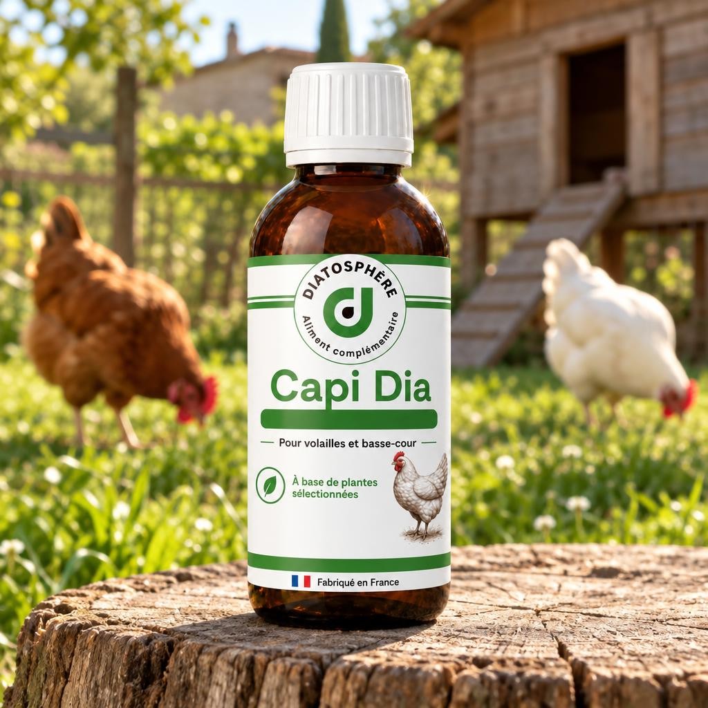 Capi Dia, flacon dans la basse-cour avec des poules