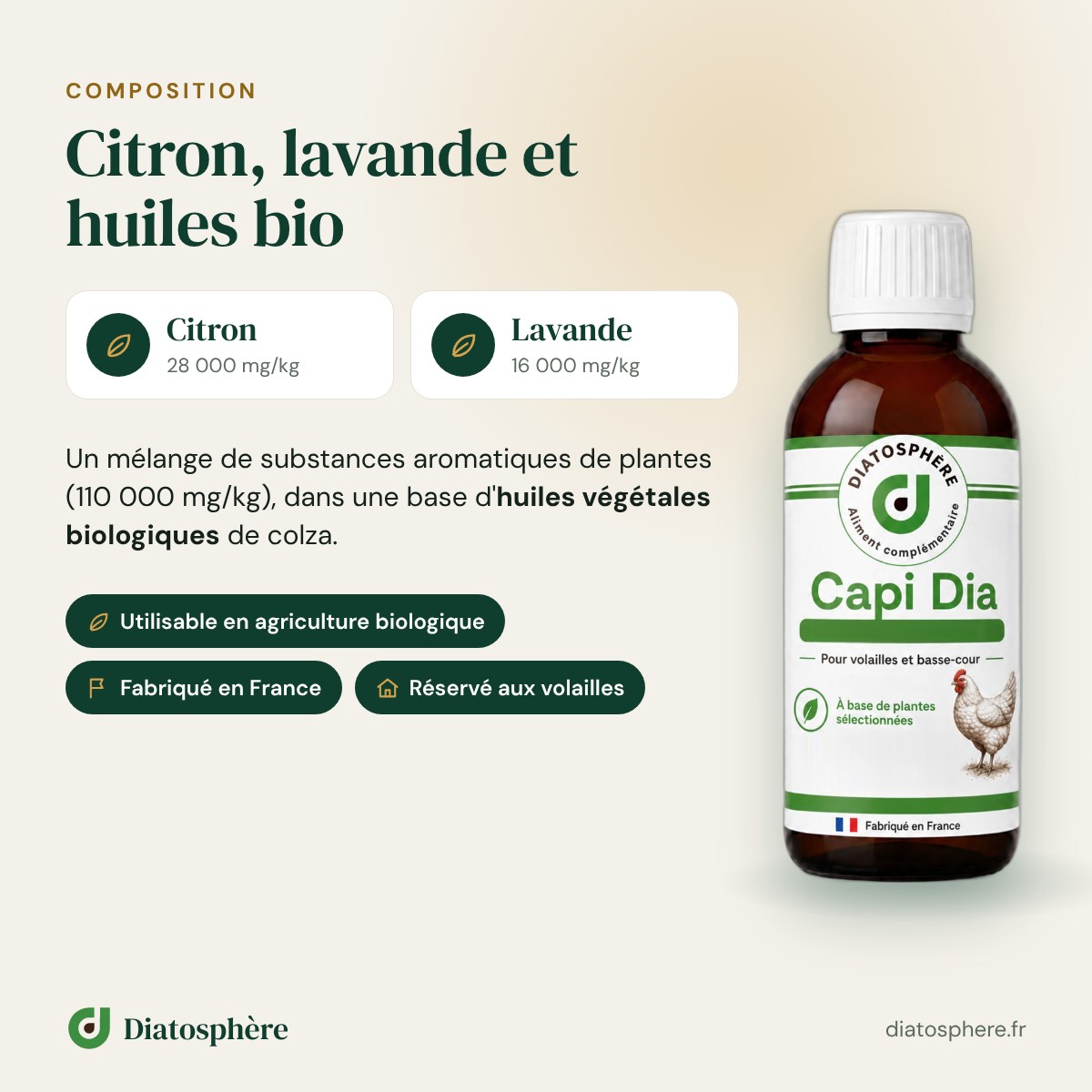 Composition Capi Dia : citron et lavande dans des huiles végétales biologiques