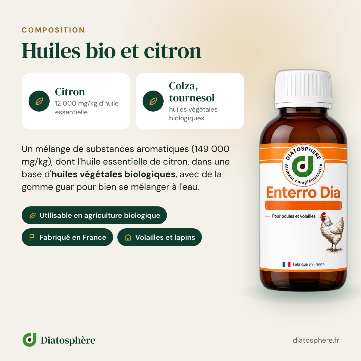 Composition Enterro Dia : huiles végétales biologiques et huile essentielle de citron
