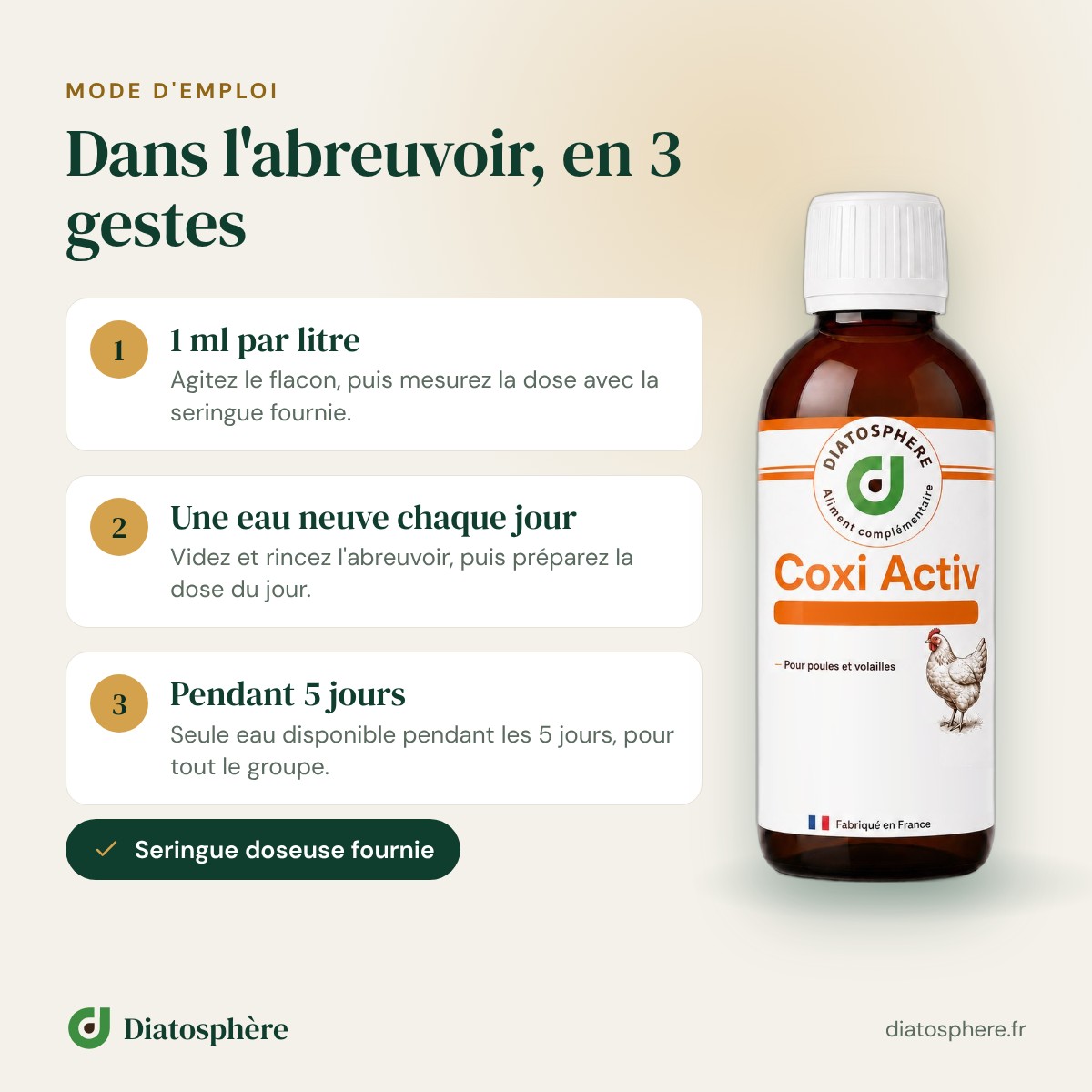 Coxi Activ mode demploi : 1 ml par litre deau, mesuré avec la seringue doseuse fournie, pendant 5 jours
