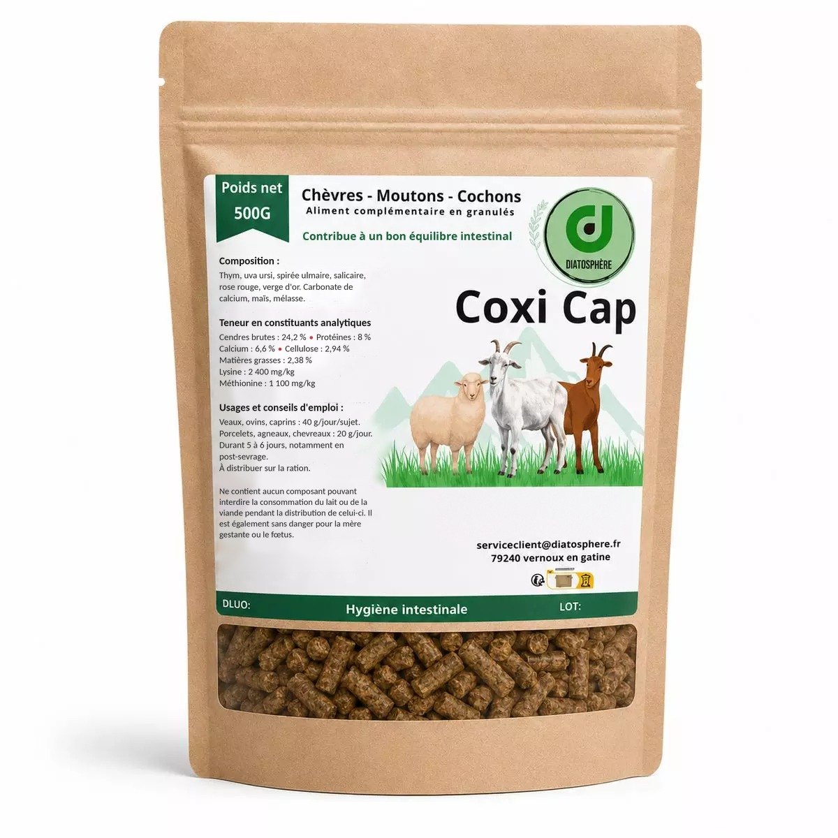 Sachet de Coxi Cap Diatosphère, aliment complémentaire pour chèvres, moutons et cochons