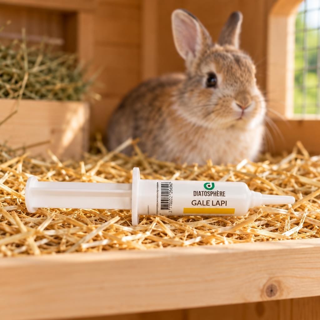 Gale Lapi, seringue applicatrice de 10 ml Diatosphère, dans le clapier près dun lapin