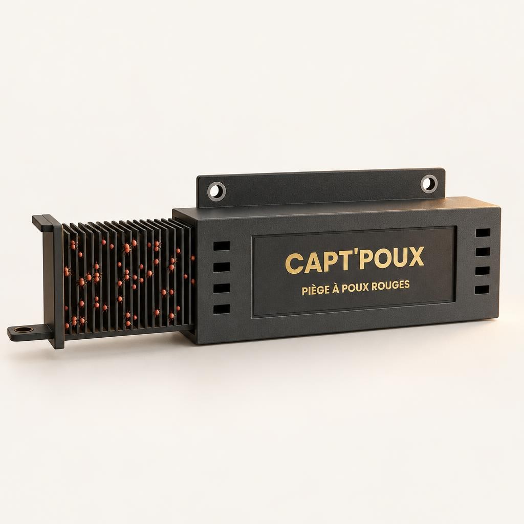 CaptPoux avec sa cartouche à lamelles sortie, poux rouges capturés