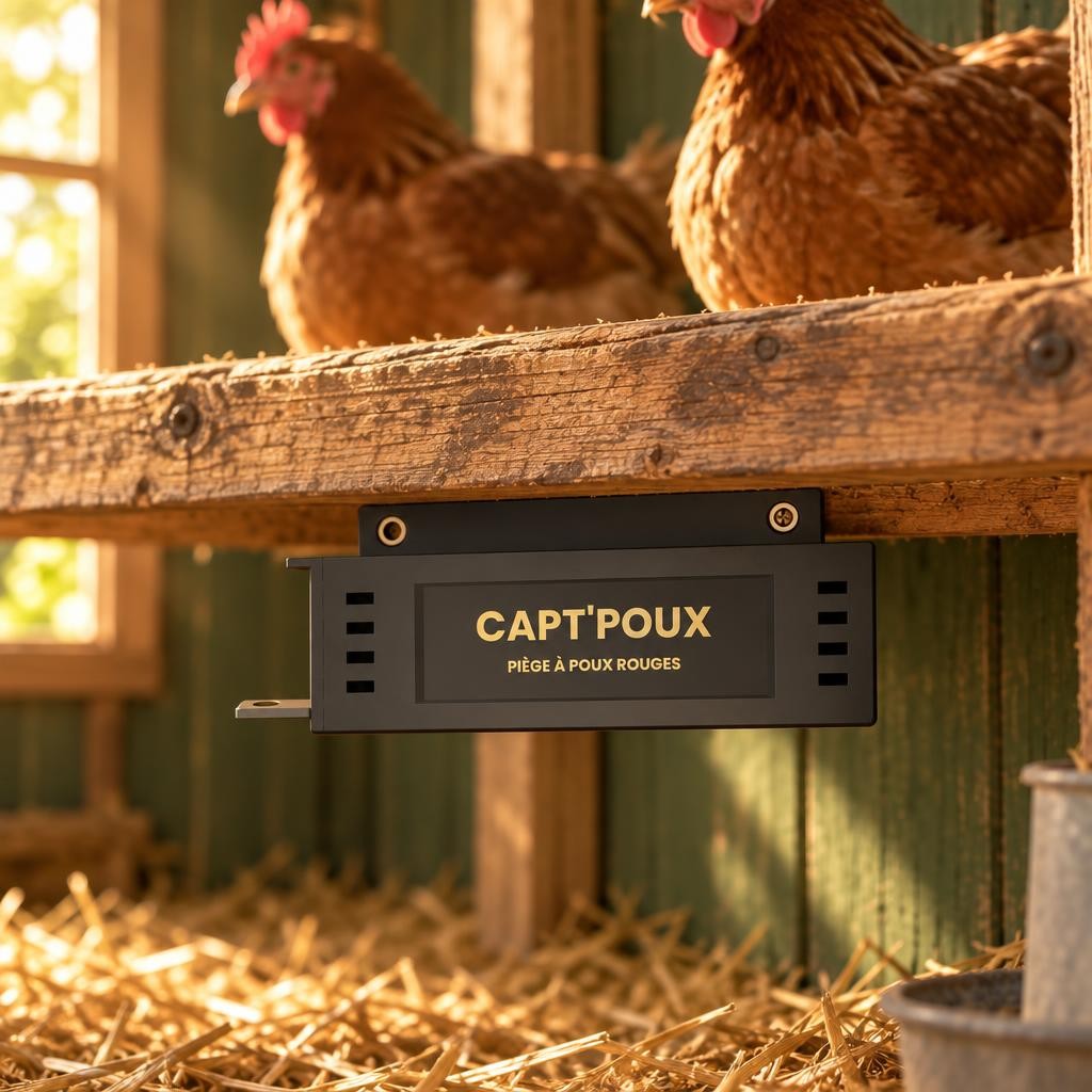 Piège CaptPoux vissé sous le perchoir dun poulailler, poules au-dessus