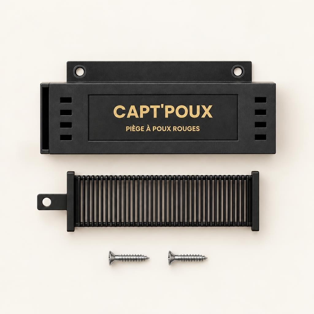 Contenu CaptPoux : le piège, sa cartouche réutilisable et 2 vis de fixation