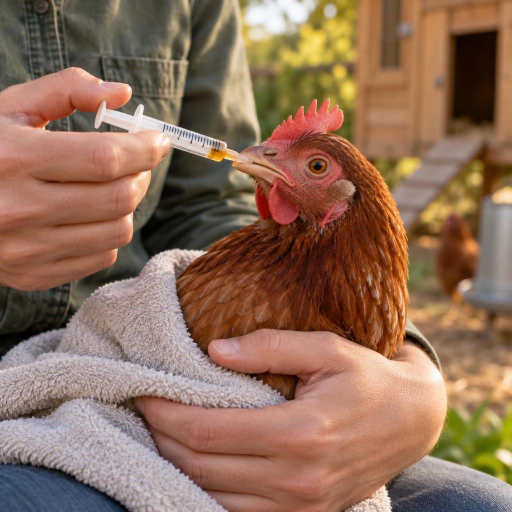 Donner 1 ml au coin du bec de la poule avec la seringue 2 ml sans aiguille