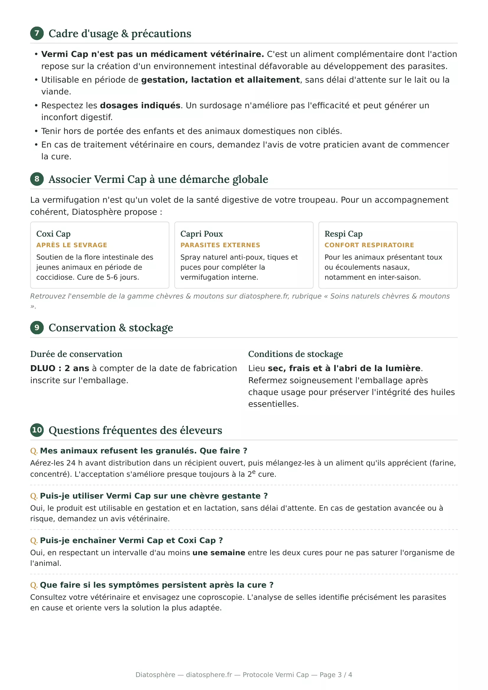 Protocole Vermi Cap page 3 - précautions et associations produits