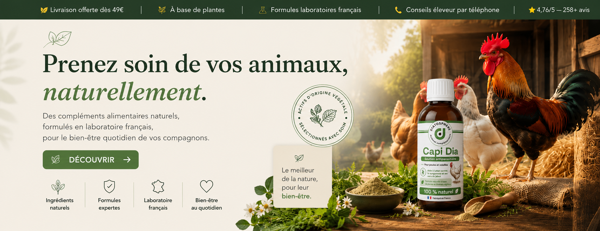 Gamme de produit pour soins naturels des volailles