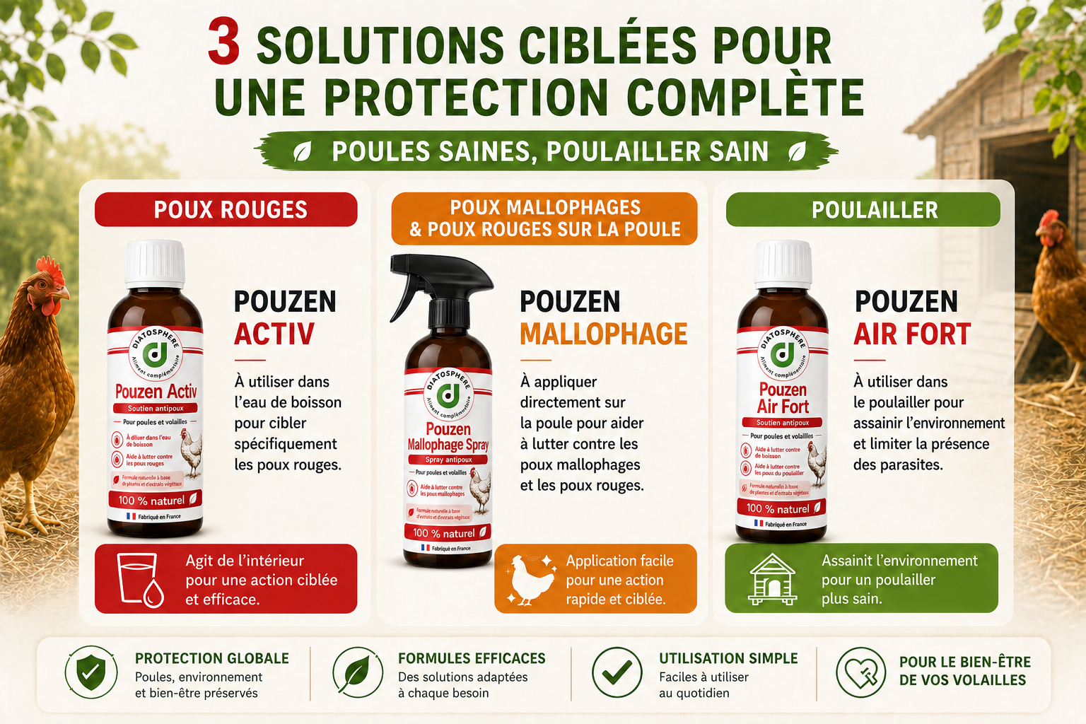 Produit contre les poux rouges des poules, poux mallophages et traitement du poulailler Diatosphère