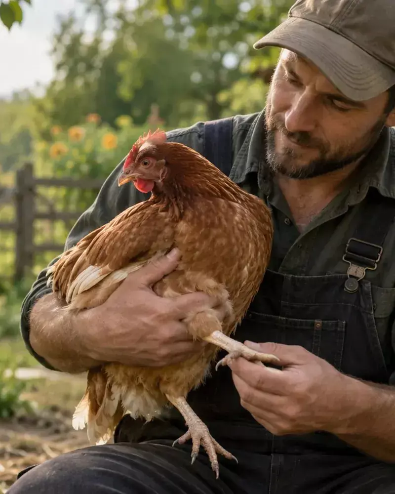 Éleveur qui examine sa poule rousse dans la basse-cour