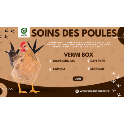 "Vermi Box - La défense complète contre les parasites, pour des poules libérées des vers intestinaux, trachéaux et du jabot."