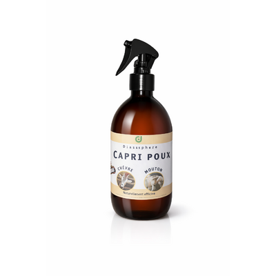 Spray antipoux naturel pour chèvres et moutons, flacon pulvérisateur ambré, traitement externe contre les parasites du pelage.