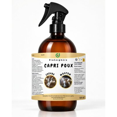 Flacon spray Capri Poux Diatosphère 500 ml en verre ambré avec étiquette chèvre et mouton sur fond clair