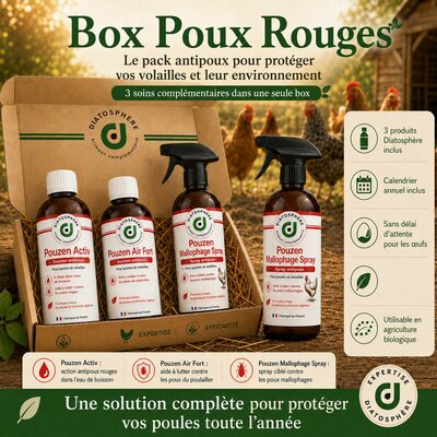 box pou rouge avec 3 produit pour combattre les pou blanc et rouge des poules et poulailler