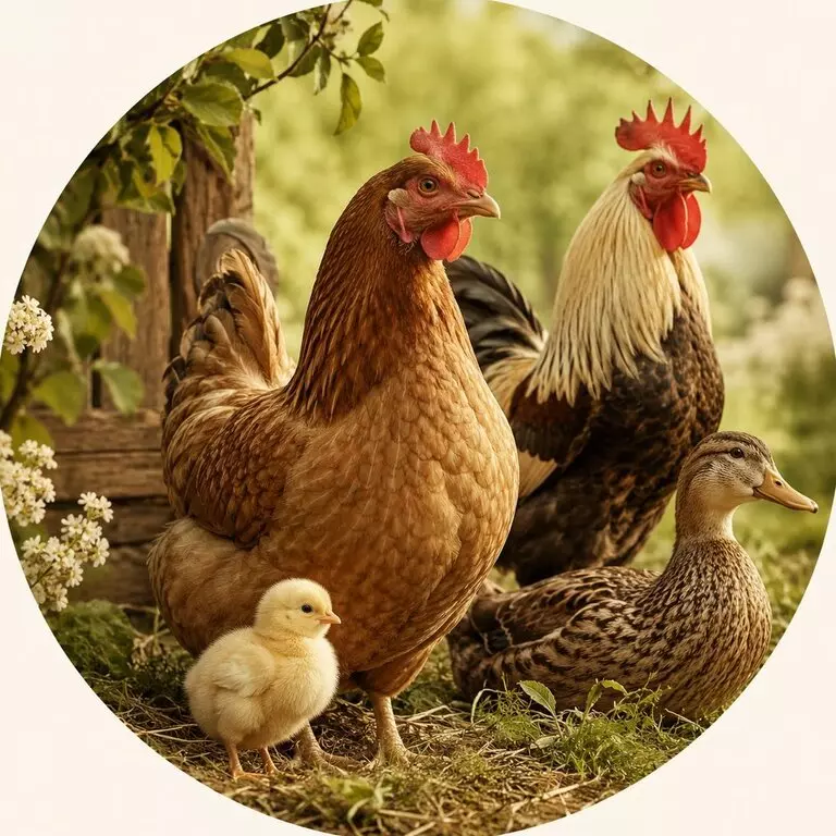 Poules de basse-cour sur un parcours herbeux