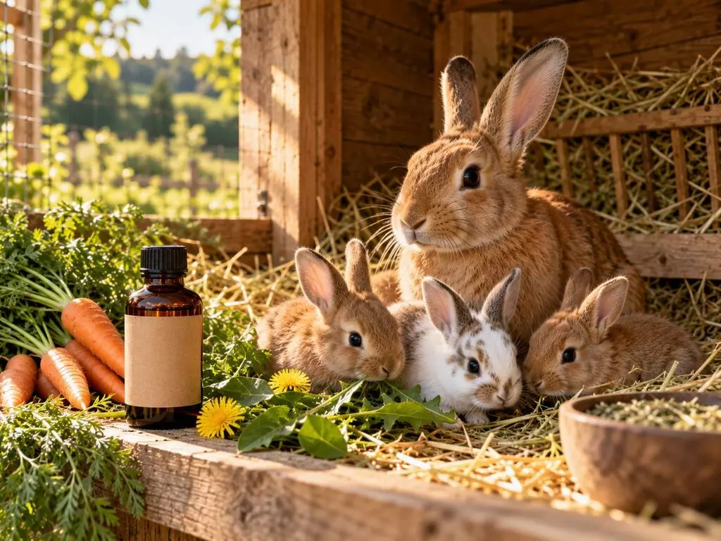 Lapine et ses lapereaux dans un clapier garni de foin et de verdure