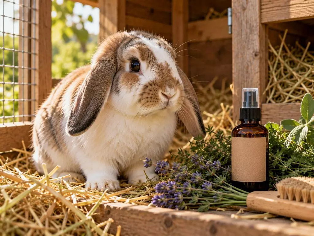 Lapin bélier couché dans la paille, à côté d'un flacon de soin et de brins de lavande