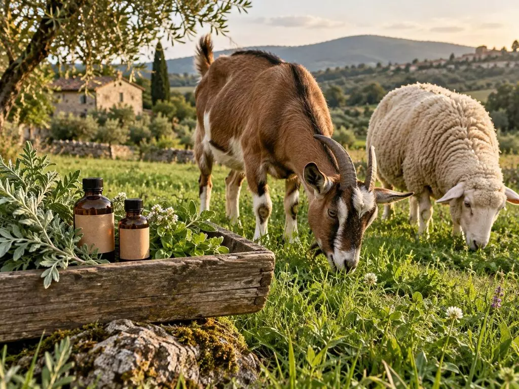 Chèvre brune qui broute à côté d'un mouton dans un pré, flacons ambrés et plantes posés sur un bac en bois