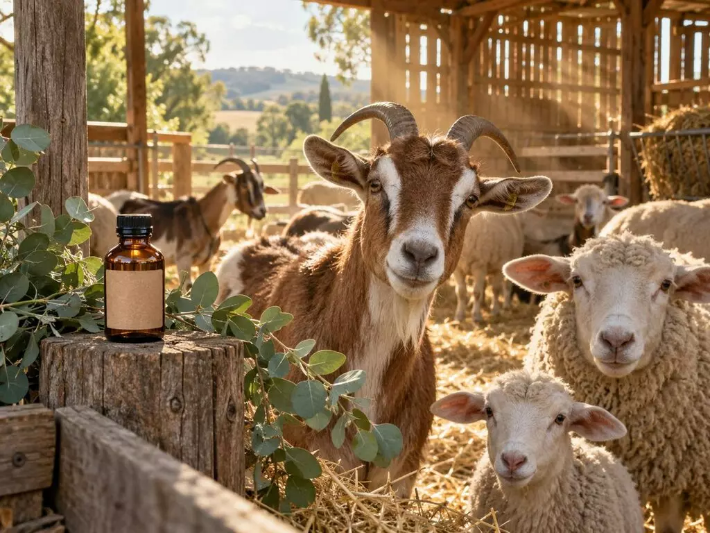 Chèvre et moutons dans une bergerie en bois paillée et bien aérée, flacon ambré et eucalyptus posés sur un poteau