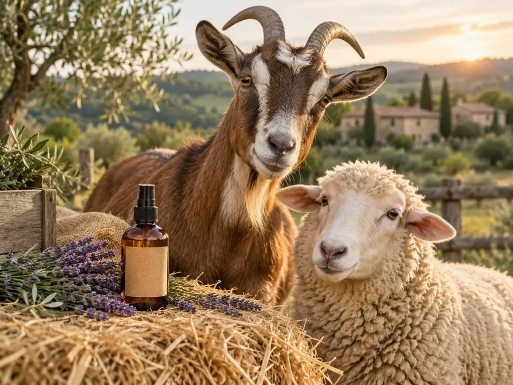 Chèvre à cornes et mouton côte à côte au soleil couchant, flacon spray ambré et lavande posés sur une botte de paille