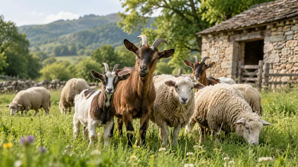 Chèvres et moutons qui pâturent dans un pré bien entretenu, devant la bergerie