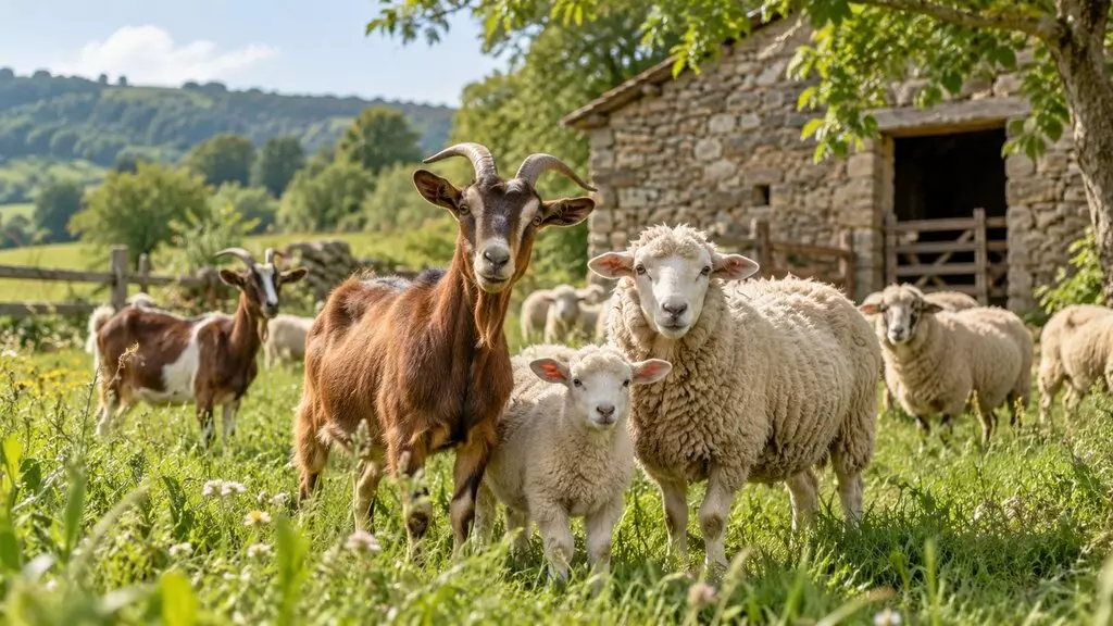 Chèvre brune, agneau et brebis au pré devant une bergerie en pierre