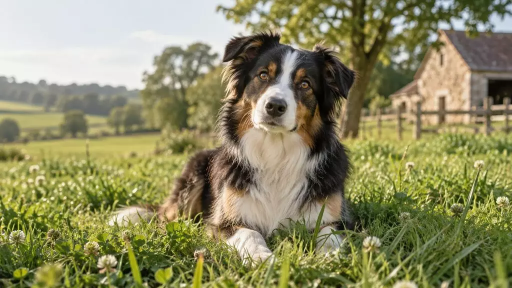 Chien tricolore de type berger couché dans l’herbe d’une prairie, devant une ferme en pierre