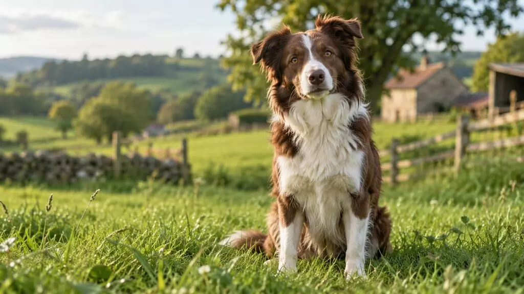 Border collie marron et blanc assis dans un pré, devant une clôture en bois