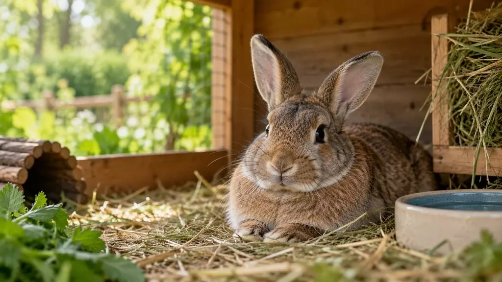 Lapin couché dans la paille de son clapier, à côté de sa gamelle d'eau