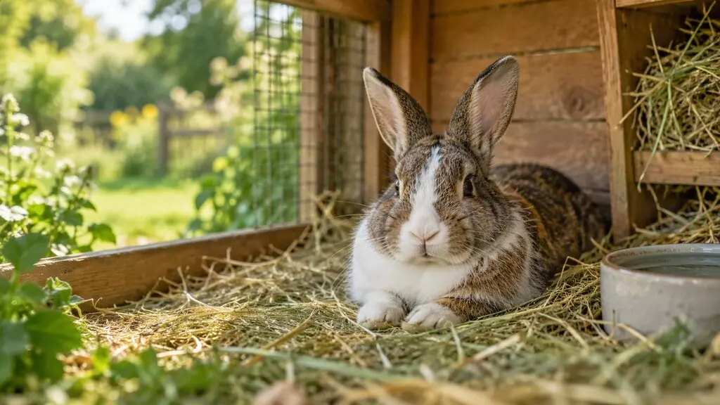 Lapin pie dans un clapier garni de paille