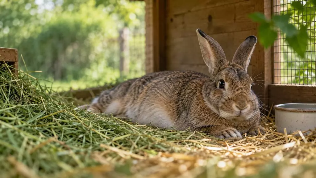 Lapin allongé dans la paille de son clapier, au repos après le repas