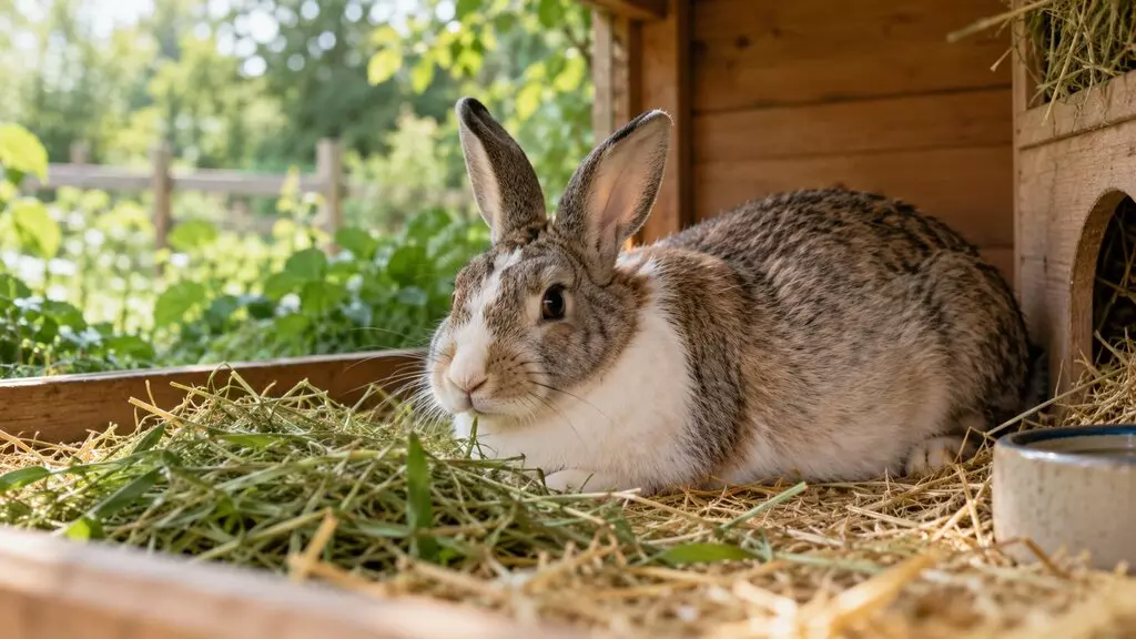 Lapin au pelage dense qui mange du foin bien vert dans son clapier