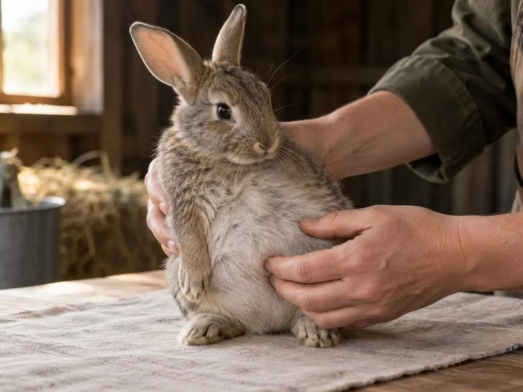 Lapereau au ventre gonflé examiné par un éleveur, symptôme de la coccidiose du lapin