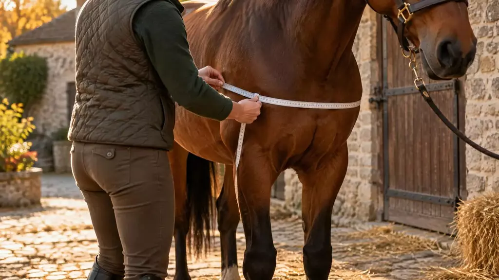 Mesure du tour de poitrine d’un cheval au ruban barymétrique pour estimer son poids