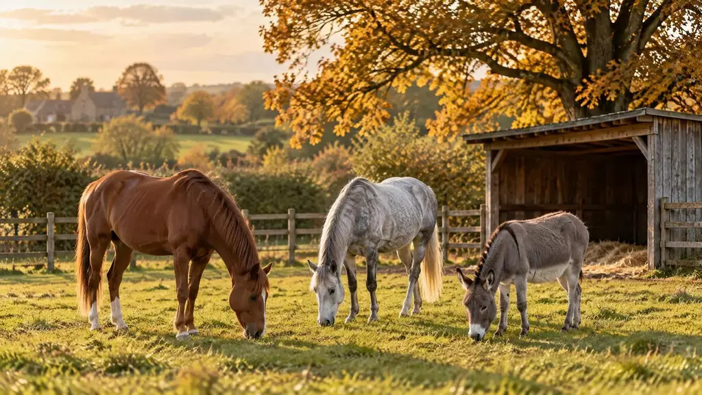 Deux chevaux et un âne au pâturage dans un pré d’automne, devant un abri en bois