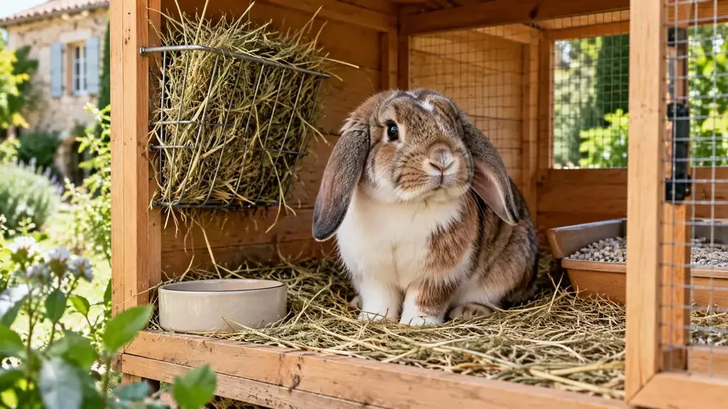 Lapin bélier en bonne santé assis sur du foin dans un clapier propre et aéré